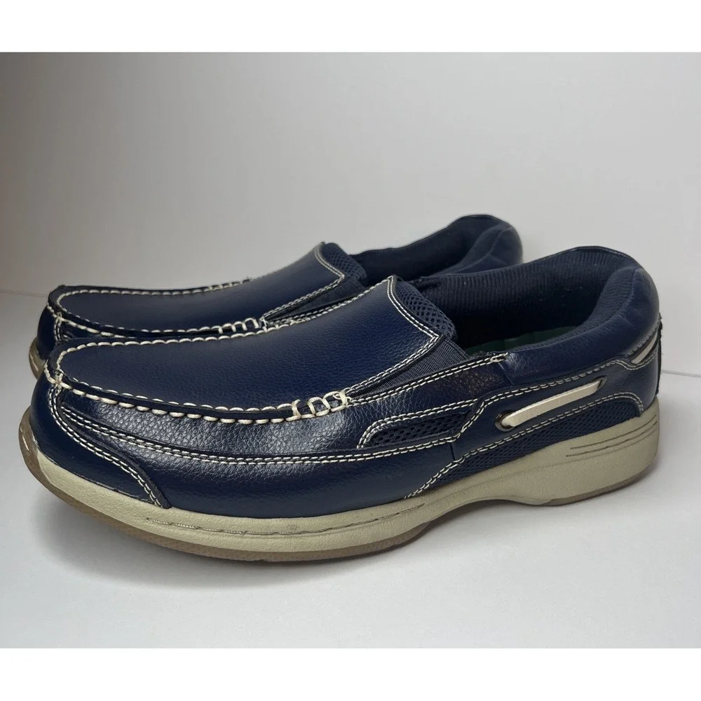 Dr Scholls Navy Blue Leather Slip On Loafers Mens 9 3E Wide Boat Shoes 42J-03